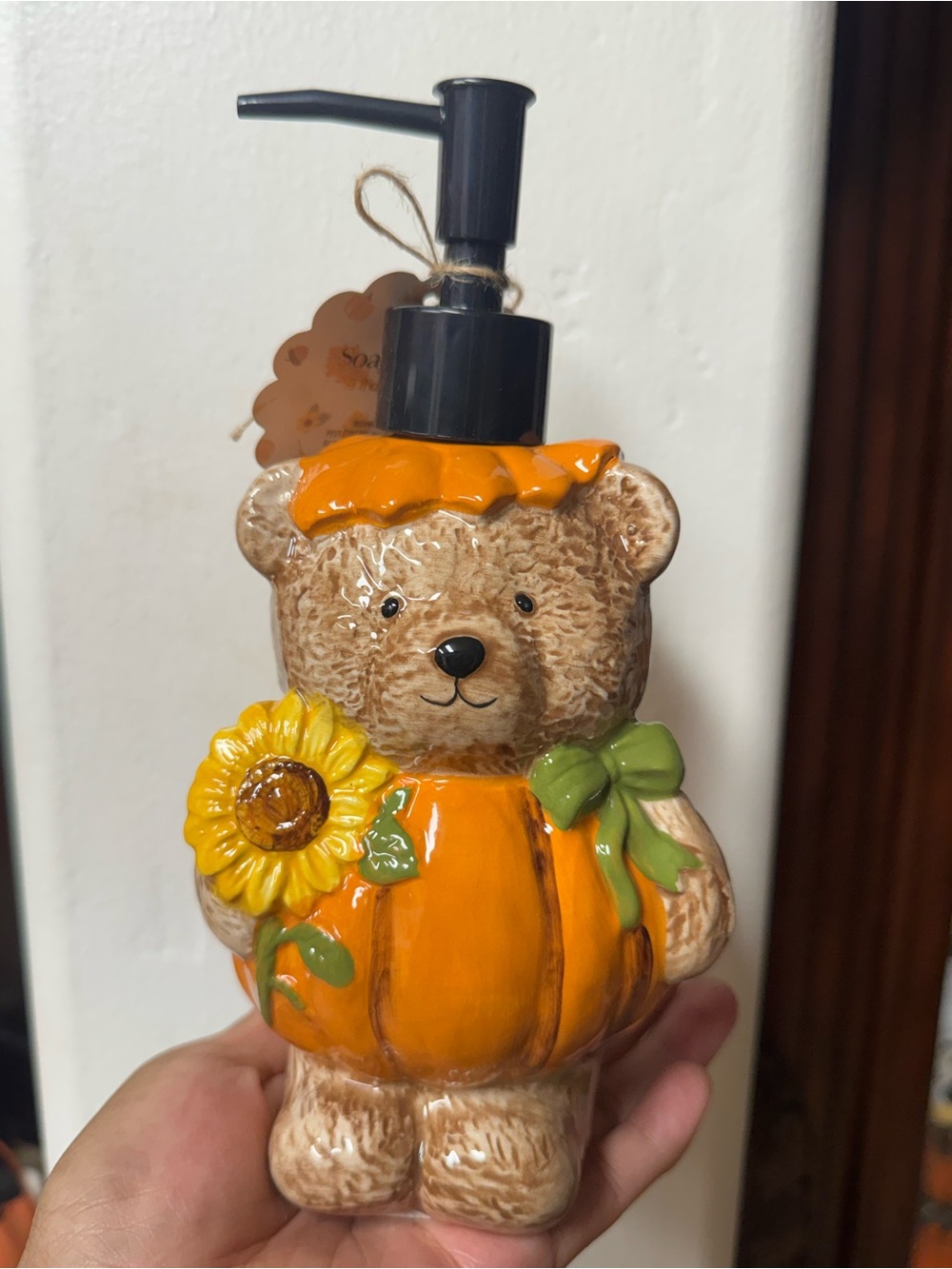 Ceramic Bear Pumpkin Soap Dispenser with Sunflower - Orange & Brown